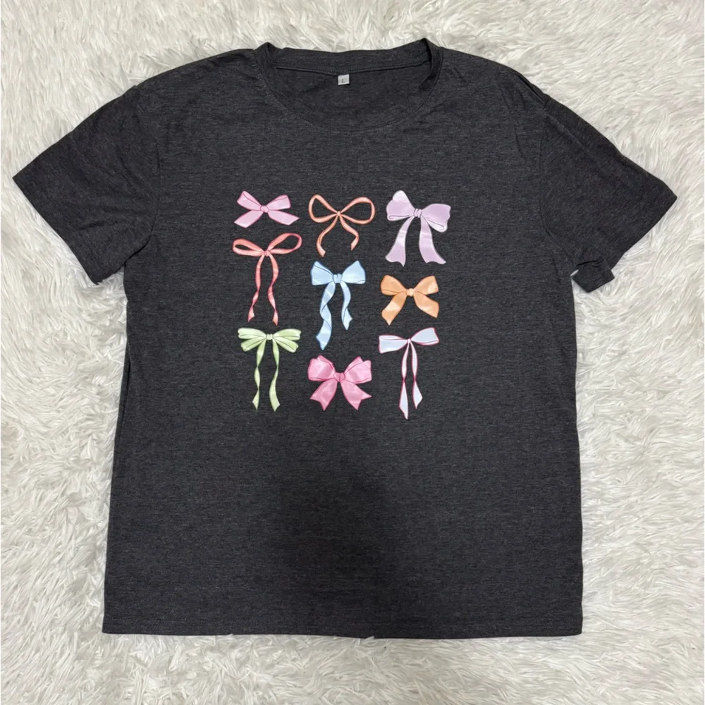 Gray Bow Tee with Colorful Bow Graphics Women’s Graphic Tee